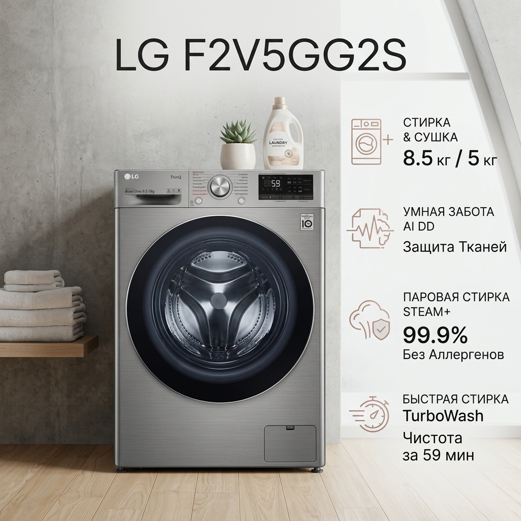 Стиральная машина LG F2V5GG2S 8.5 кг серый